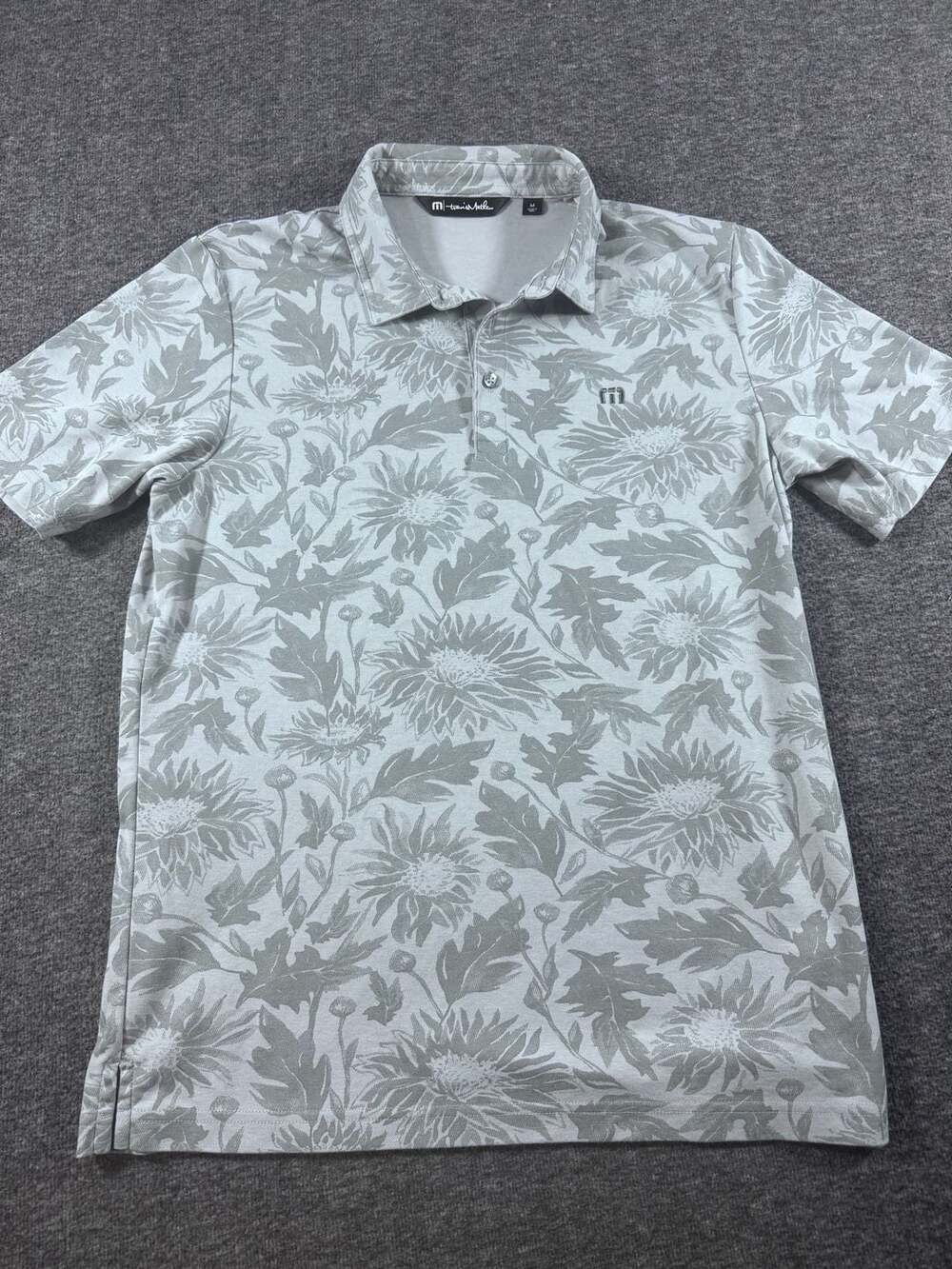 TravisMathew I Can Explain Floral Print Golf Polo Shirt Grey Mens Size Medium